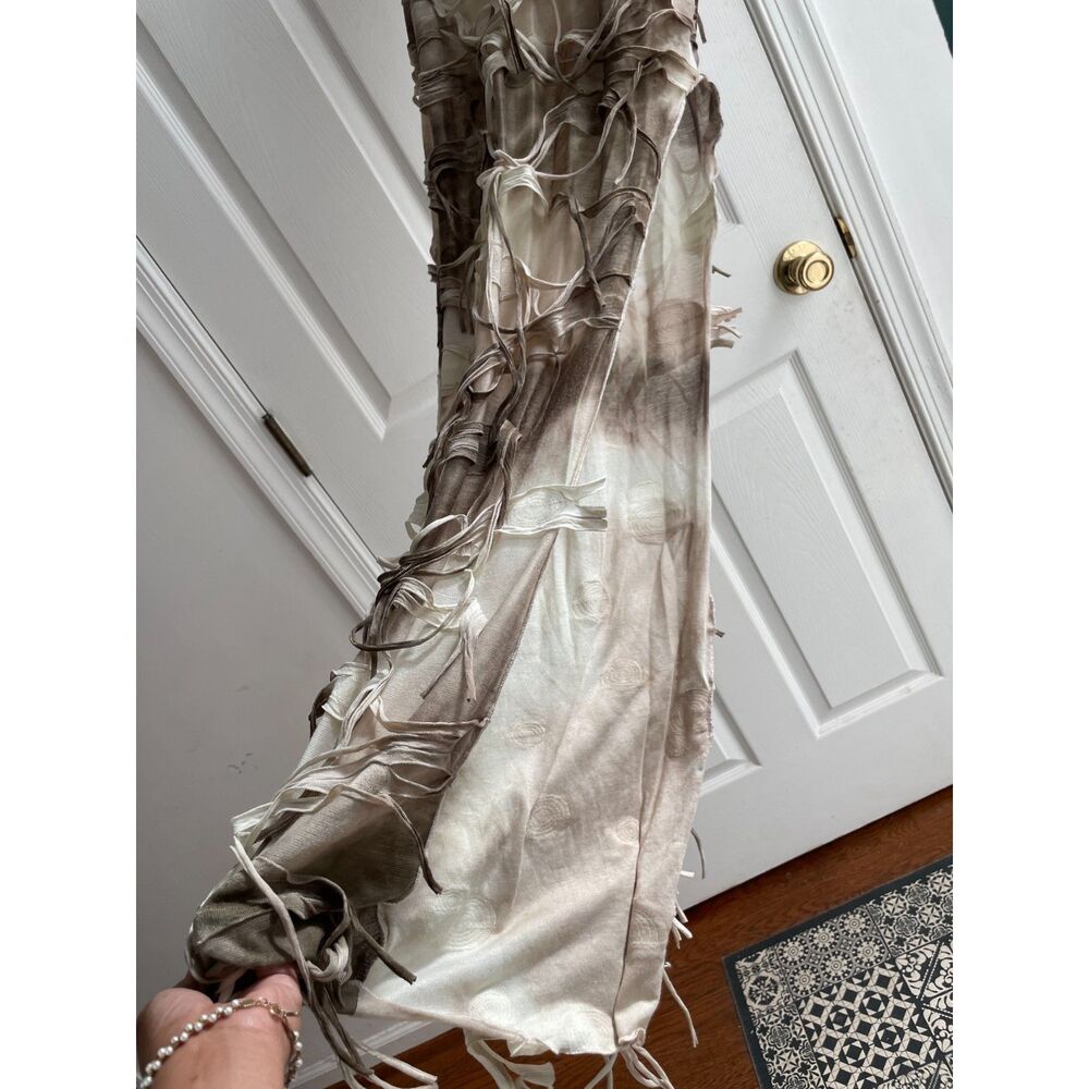 Deconstructed Mesh Maxi Dress Taupe Shredded Ribbon Avant Garde Bodycon Y2K - Picture 3 of 4